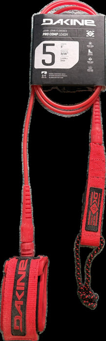 Dakine branded KAIMANA 5' x 3/16" red Surfboard Leash including a urethane cord, a molded neoprene cuff and rail saver.