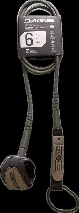 Dakine branded KAIMANA Black 6' x 3/16" Surfboard Leash including a urethane cord, a molded neoprene cuff and rail saver.