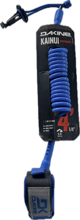 Dakine Blue Bodyboard Coiled Wrist Leash with blue leash string attached to a replacement bodyboard leash plug in retail packaging.