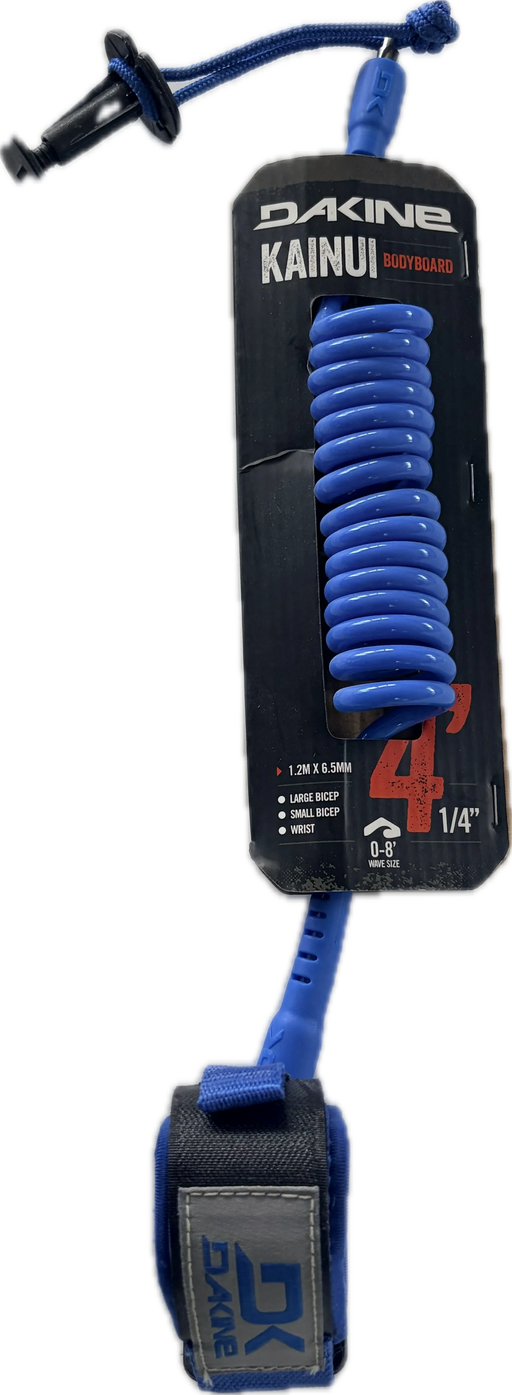 Dakine Blue Bodyboard Coiled 4' x 1/4" Wrist Leash with blue leash string attached to a replacement bodyboard leash plug in retail packaging. 