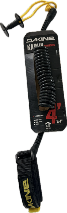 Dakine Black Bodyboard Coiled Wrist Leash with yellow leash string attached to a replacement bodyboard leash plug in retail packaging.