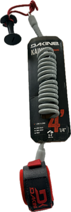 Dakine Grey with red accents Bodyboard Coiled Wrist Leash with red leash string attached to a replacement bodyboard leash plug in retail packaging.