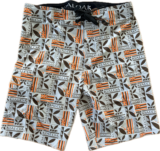 Kialoa Hawai'i Flag Men's 20" Lawai Board Shorts featuring 4-way stretch boardshorts with Hawaiian Flag and the Kialoa logo patterns front view.