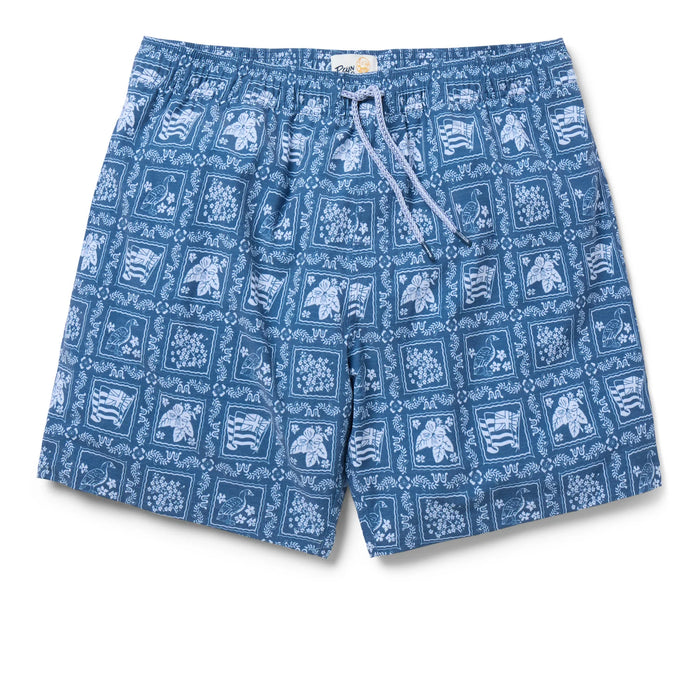 Lahaina Sailor Draw String blu swim trunks with the Hawaii flag, flowers and nene.