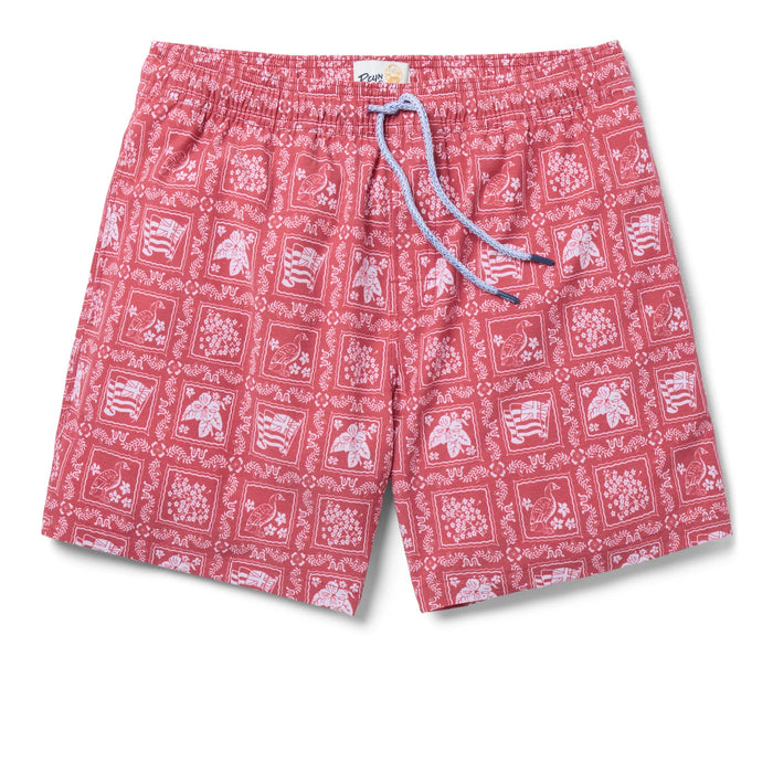 Lahaina Sailor Draw String red swim trunks with the Hawaii flag, flowers and nene.