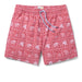 Lahaina Sailor Draw String red swim trunks with the Hawaii flag, flowers and nene.