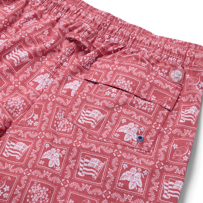 Lahaina Sailor Draw String red swim trunks with the Hawaii flag, flowers and nene back pocket zoom in.