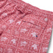 Lahaina Sailor Draw String red swim trunks with the Hawaii flag, flowers and nene back pocket zoom in.