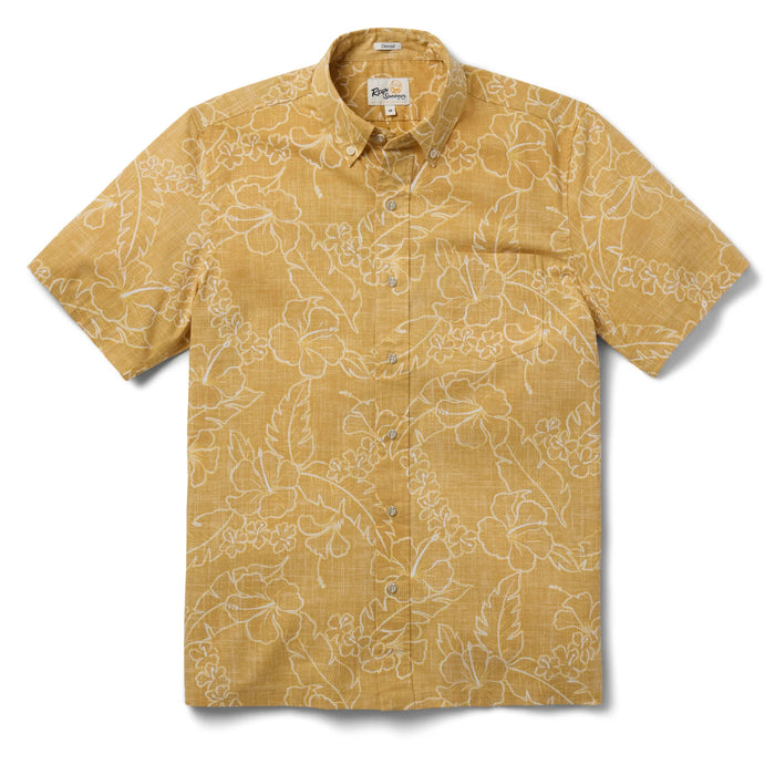 Reyn Spooner Lei Low Gold Collared Short Sleeve Aloha Shirt