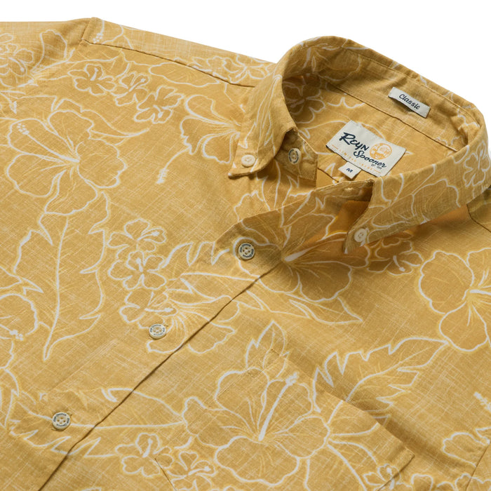 Reyn Spooner Lei Low Gold Collared Short Sleeve Aloha Shirt zoom in