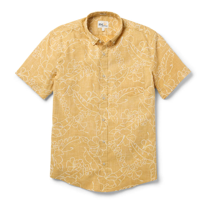 Reyn Spooner Lei Low Gold Collared Short Sleeve Tailored Aloha Shirt