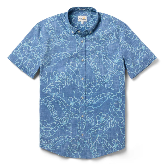 Reyn Spooner Lei Low Horizon Blue Collared Short Sleeve Tailored Aloha Shirt