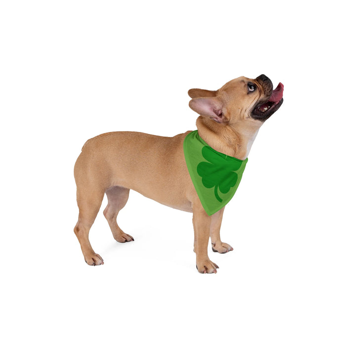 AI standing dog model wearing green bandana with a darker green four leaf clover or shamrock around its neck side view
