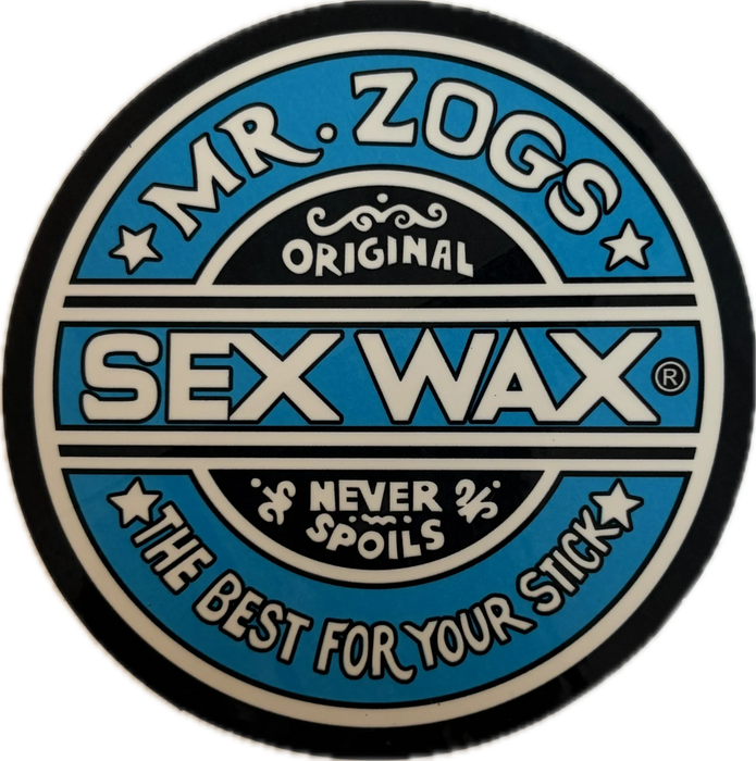 3 inch circular logo of Mr. Zogs Sex Wax with blue and white colors on a black vinyl sticker