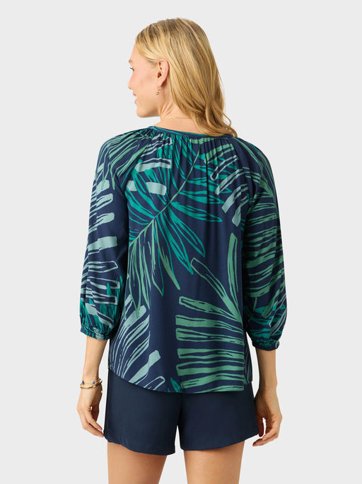 Phoebe Top in the Loulu Fronds print is a relaxed fit button front blouse with a scoop neckline finished with self fabric binding back view.