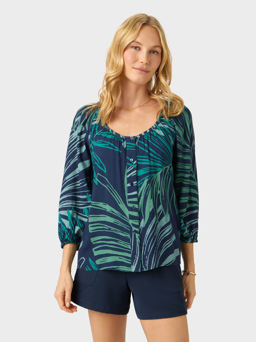 Phoebe Top in the Loulu Fronds print is a relaxed fit button front blouse with a scoop neckline finished with self fabric binding front view.