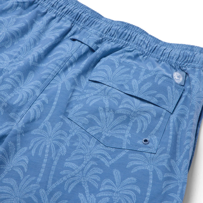 Blue Loulu Trail Eco Swim Shorts with an Elastic drawstring waist and rear pocket.