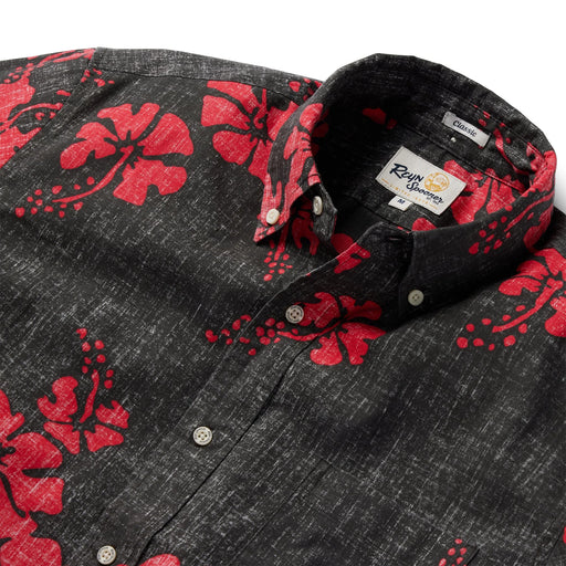 Hawai'i 50th State Flower aloha  button up collared short sleeve black shirt red hibiscus flowers