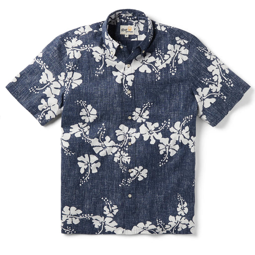 Hawai'i 50th State Flower aloha  button up collared short sleeve blue shirt front white hibiscus flowers front view with pocket.
