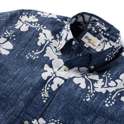 Hawai'i 50th State Flower aloha  button up collared short sleeve blue shirt white hibiscus flowers