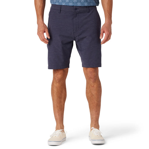 Reyn Spooner Aloha 'Aina 4 Way Stretch Navy color button front Shorts with belt loops front view modeled.