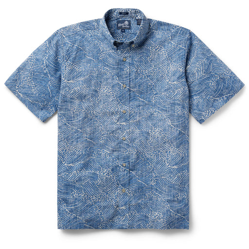 Reyn Spooner Hawai'i stylized ocean waves of Molokai channel button up collared short sleeve wrinkle resistant blue shirt