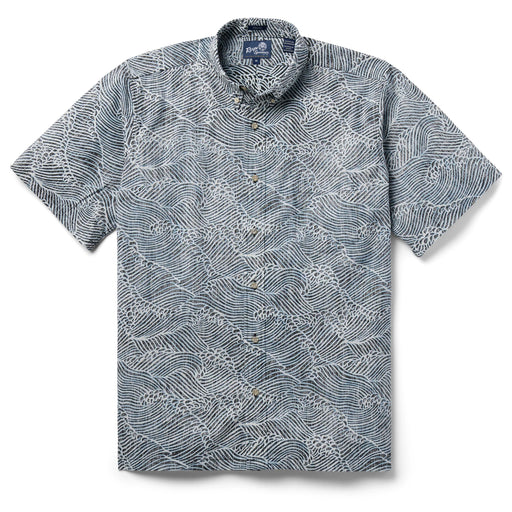 Reyn Spooner Hawai'i stylized ocean waves of Molokai channel button up collared short sleeve wrinkle resistant black shirt