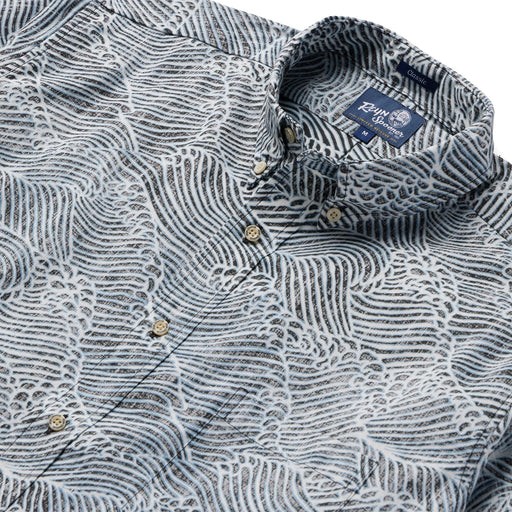 Reyn Spooner Hawai'i stylized ocean waves of Molokai channel button up collared short sleeve wrinkle resistant black shirt zoom in