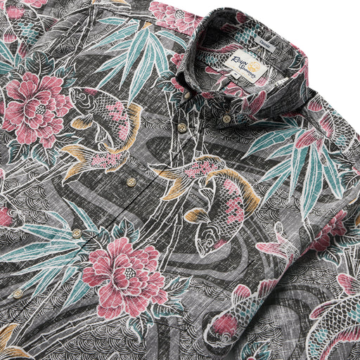 Reyn Spooner black button up collared short sleeve shirt in a Japanese wood block style with Koi zoomed in view