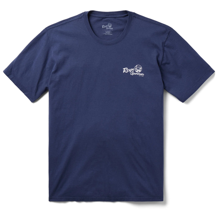 Reyn Spooner logo-ed Navy colored Hawai'i stylized Hula Hut Short Sleeve T-Shirt front view