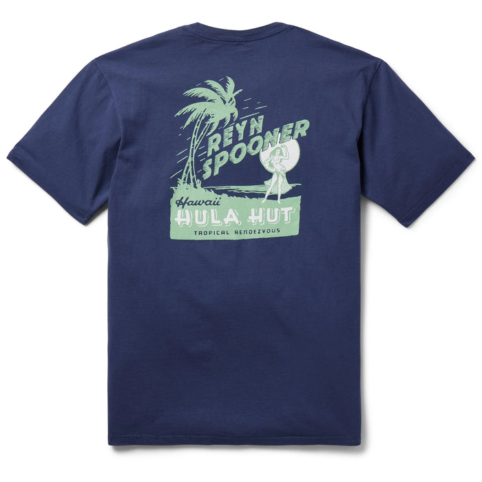 Reyn Spooner logo-ed Navy colored Hawai'i stylized Hula Hut Short Sleeve T-Shirt back view