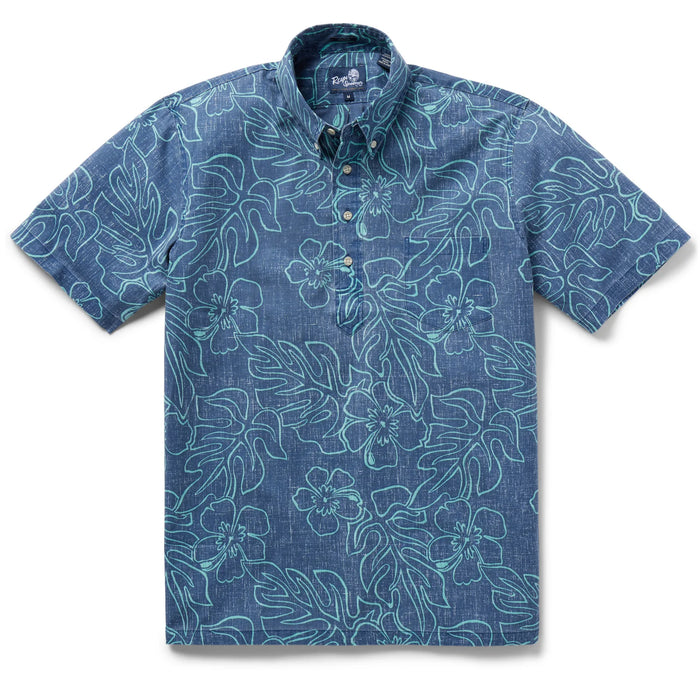 Reyn Spooner Dress Blues Monstera Ink  Tailored Collared Shirt monstera, a broad tropical leaf, & hibiscus, the Hawai'i state flower