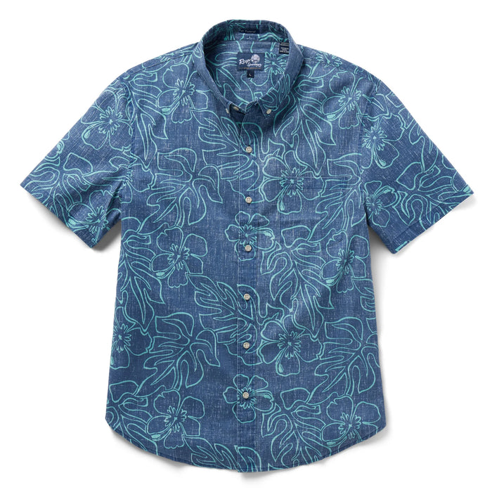 Reyn Spooner Dress Blues Monstera Ink  Tailored Collared Shirt monstera, a broad tropical leaf, & hibiscus, the Hawai'i state flower