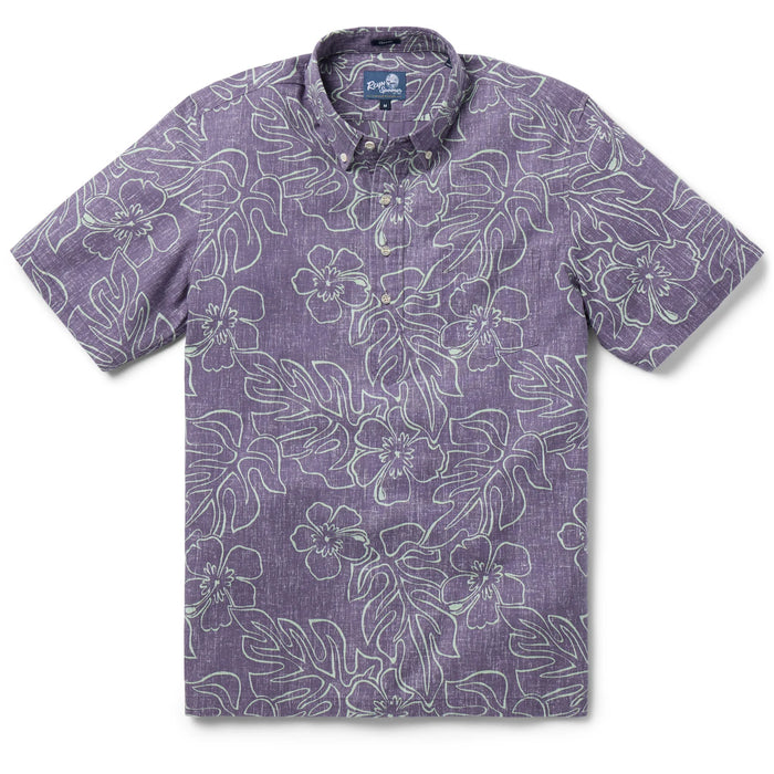 Reyn Spooner Grape Monstera Ink  Pullover Collared Shirt monstera, a broad tropical leaf, & hibiscus, the Hawai'i state flower