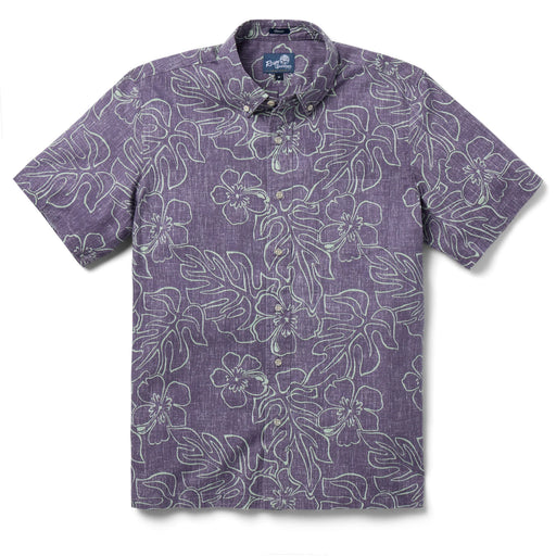 Reyn Spooner Grape Monstera Ink  Collared Shirt monstera, a broad tropical leaf, & hibiscus, the Hawai'i state flower