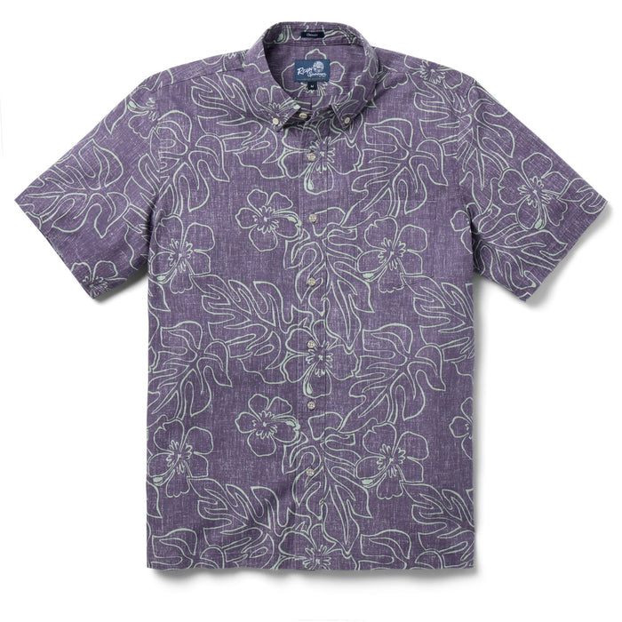 Reyn Spooner Grape Monstera Ink  Collared Shirt monstera, a broad tropical leaf, & hibiscus, the Hawai'i state flower