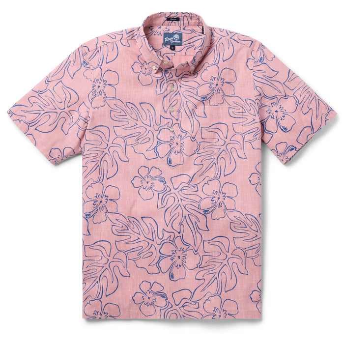Reyn Spooner Pink Monstera Ink  Tailored Collared Shirt monstera, a broad tropical leaf, & hibiscus, the Hawai'i state flower