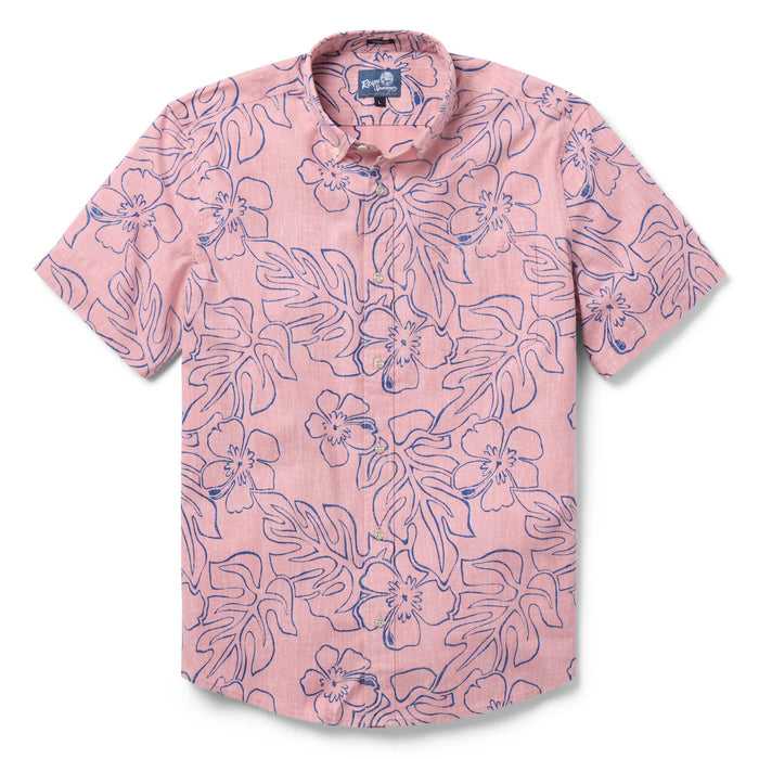 Reyn Spooner Pink Monstera Ink  Tailored Collared Shirt monstera, a broad tropical leaf, & hibiscus, the Hawai'i state flower