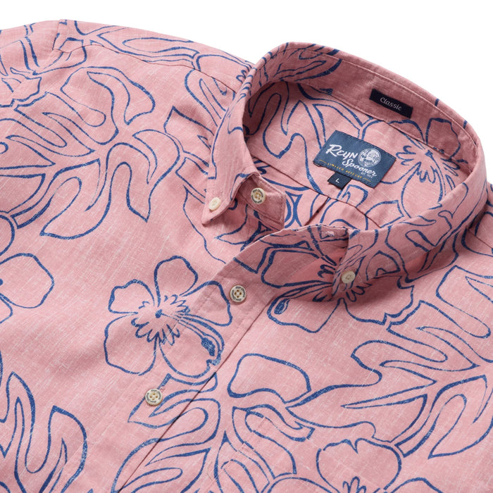 Reyn Spooner Pink Monstera Ink  Collared Shirt zoom in monstera, a broad tropical leaf, & hibiscus, the Hawai'i state flower