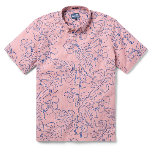 Reyn Spooner Pink Monstera Ink  Collared Shirt monstera, a broad tropical leaf, & hibiscus, the Hawai'i state flower