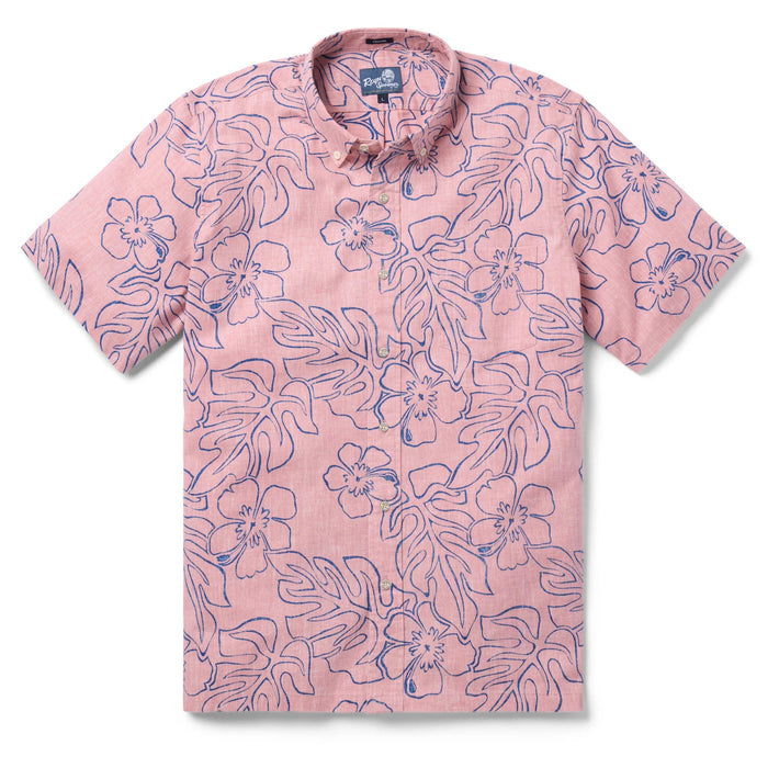 Reyn Spooner Pink Monstera Ink  Collared Shirt monstera, a broad tropical leaf, & hibiscus, the Hawai'i state flower