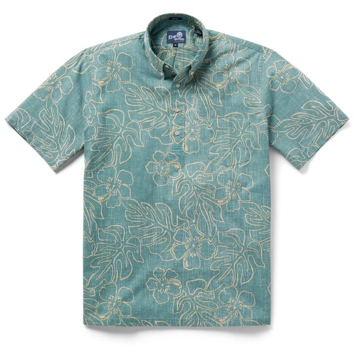 Reyn Spooner Sagebrush Monstera Ink  Pullover Collared Shirt monstera, a broad tropical leaf, & hibiscus, the Hawai'i state flower