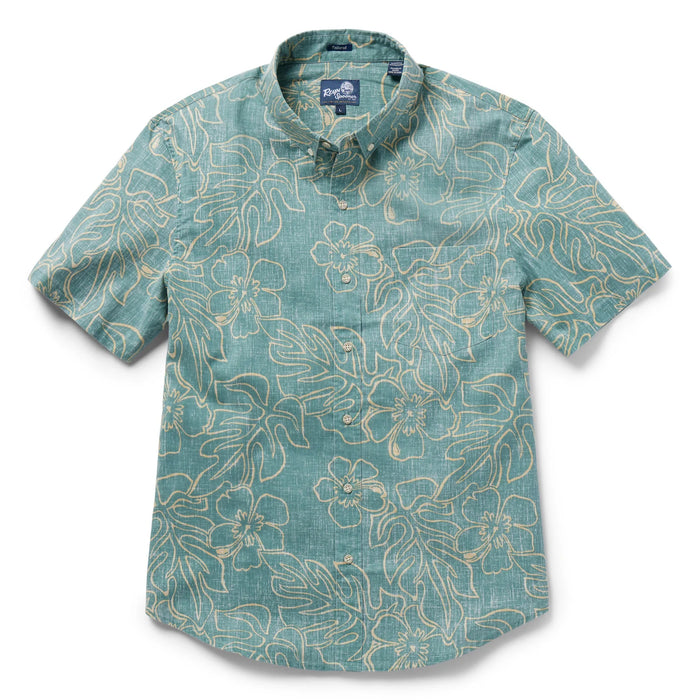 Reyn Spooner Sagebrush Monstera Ink  Tailored Collared Shirt monstera, a broad tropical leaf, & hibiscus, the Hawai'i state flower