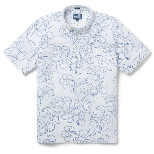 Reyn Spooner White Monstera Ink  Pullover Collared Shirt monstera, a broad tropical leaf, & hibiscus, the Hawai'i state flower