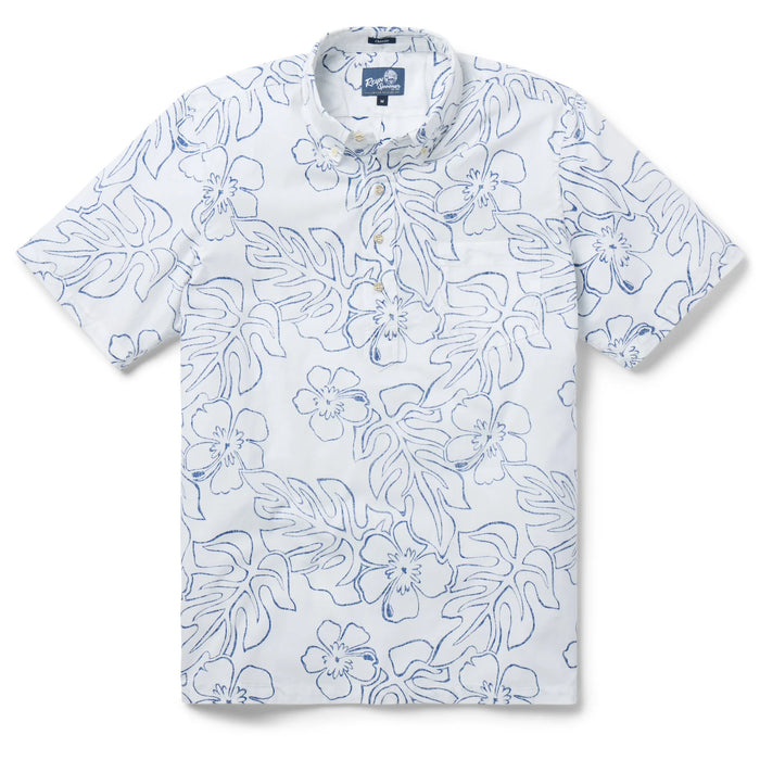 Reyn Spooner White Monstera Ink  Pullover Collared Shirt monstera, a broad tropical leaf, & hibiscus, the Hawai'i state flower