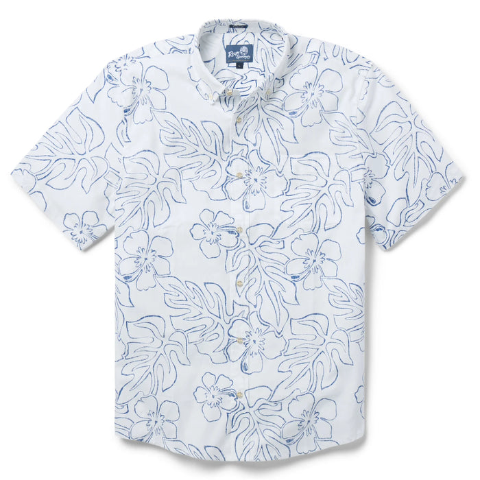 Reyn Spooner White Monstera Ink  Tailored Collared Shirt monstera, a broad tropical leaf, & hibiscus, the Hawai'i state flower