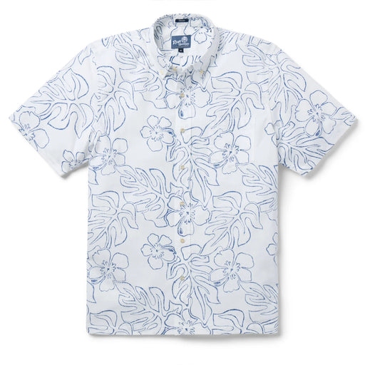 Reyn Spooner White Monstera Ink  Collared Shirt monstera, a broad tropical leaf, & hibiscus, the Hawai'i state flower