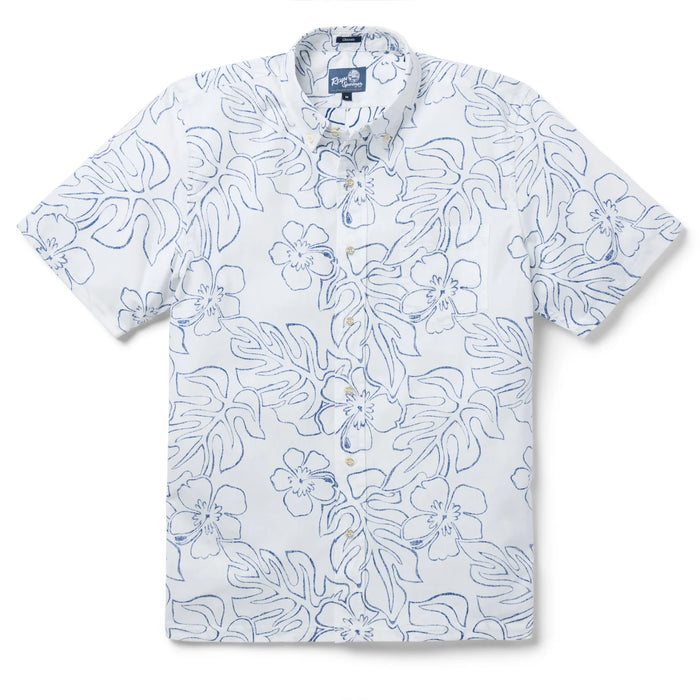 Reyn Spooner White Monstera Ink  Collared Shirt monstera, a broad tropical leaf, & hibiscus, the Hawai'i state flower