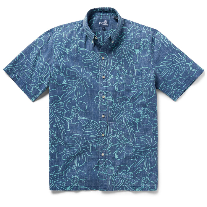 Reyn Spooner Dress Blues Monstera Ink  Collared Shirt monstera, a broad tropical leaf, & hibiscus, the Hawai'i state flower