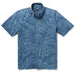 Reyn Spooner Dress Blues Monstera Ink  Collared Shirt monstera, a broad tropical leaf, & hibiscus, the Hawai'i state flower